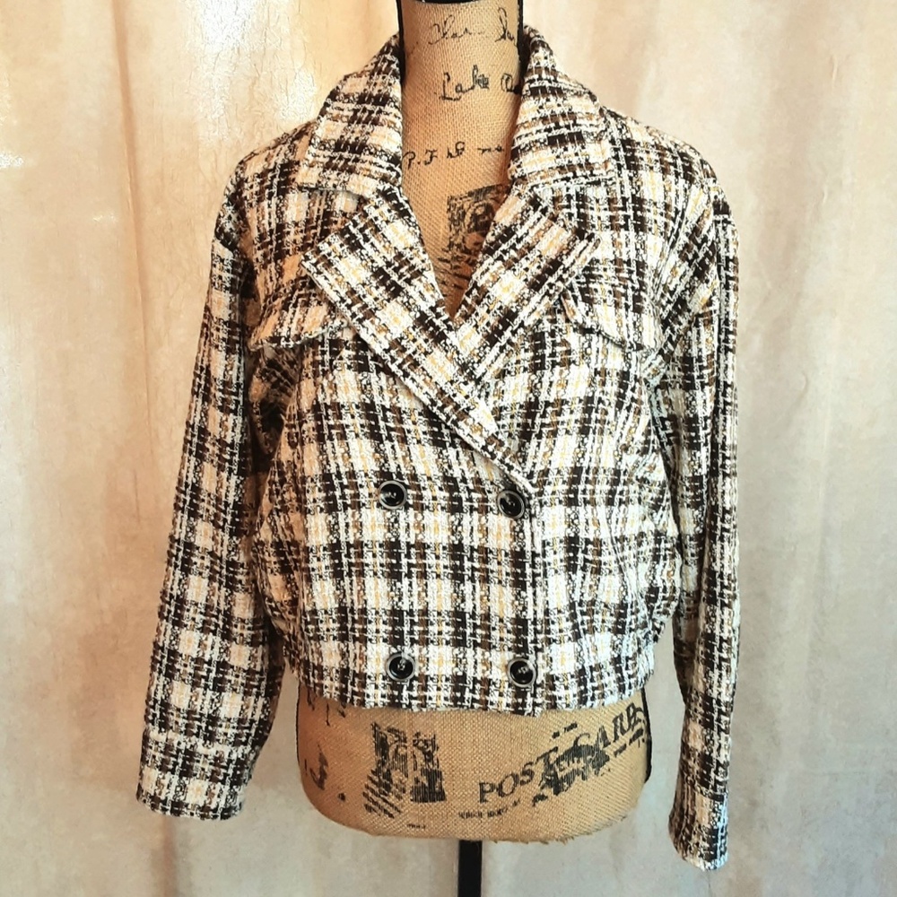 NWT Oversized Boho Crop Jacket Blazer Brown Cream Tweed Metallic Gold Sz S